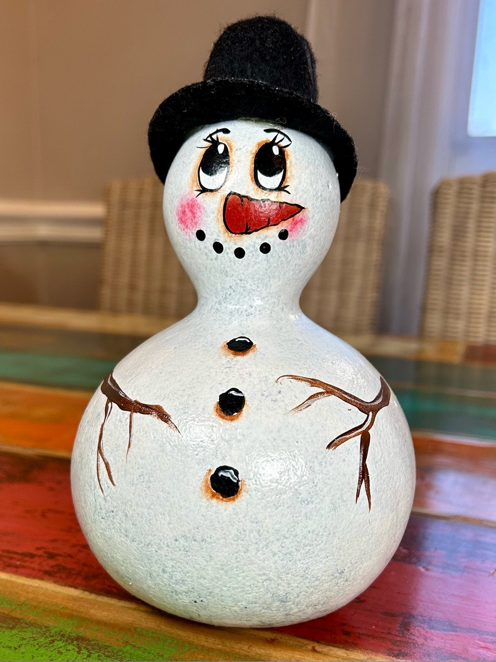Vintage Hand Painted Gourd Snowman Winter Folk Art Decor Signed 2002 - Picture 8 of 13